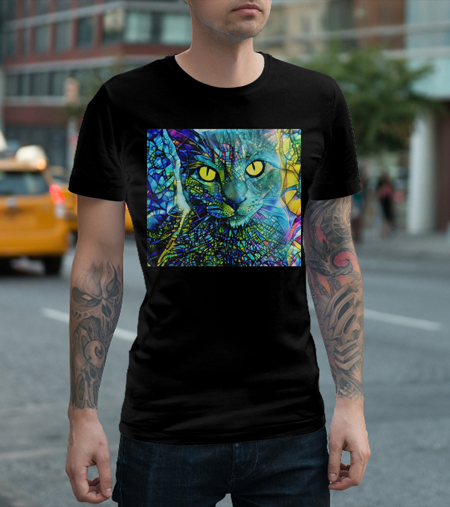 Cochfdhfdhfdh Stained Glass Mosaic Cat With Vibrant Yellow Eyes T-Shirt