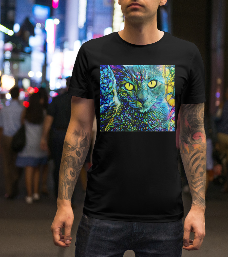 Cochfdhfdhfdh Stained Glass Mosaic Cat With Vibrant Yellow Eyes T-Shirt