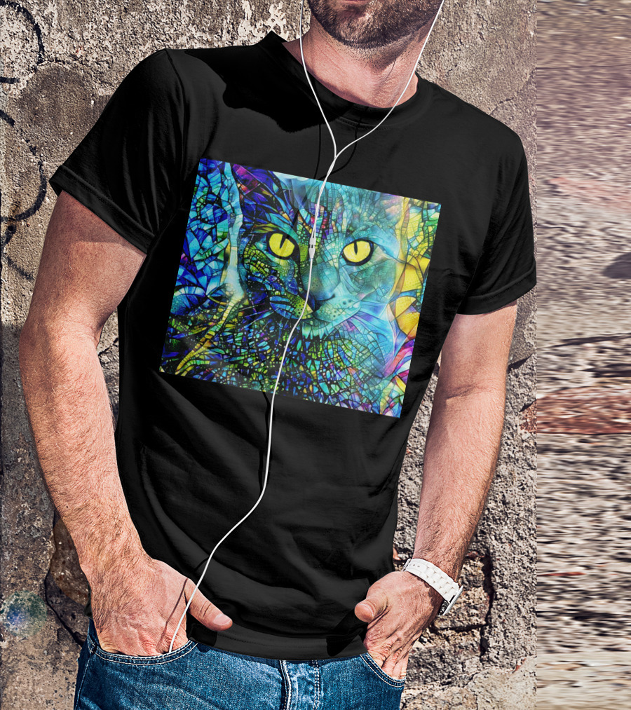 Cochfdhfdhfdh Stained Glass Mosaic Cat With Vibrant Yellow Eyes T-Shirt