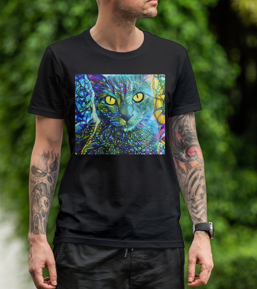 Cochfdhfdhfdh Stained Glass Mosaic Cat With Vibrant Yellow Eyes T-Shirt