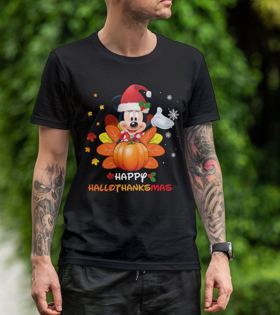 Happy Minnie HalloThanksMas Pumpkin Santa Hat Leaves Snowflakes T-Shirt