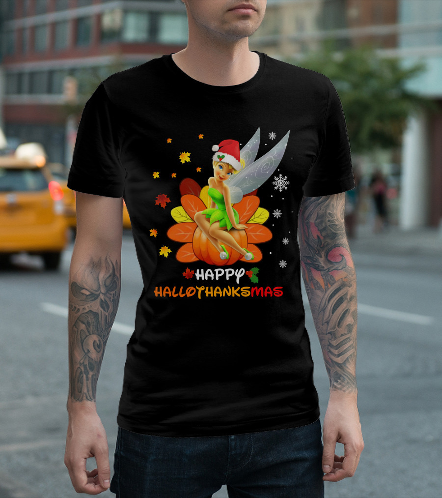 Tinkerbell Happy HalloThanksMas Pumpkin Santa Hat Snowflakes T-Shirt