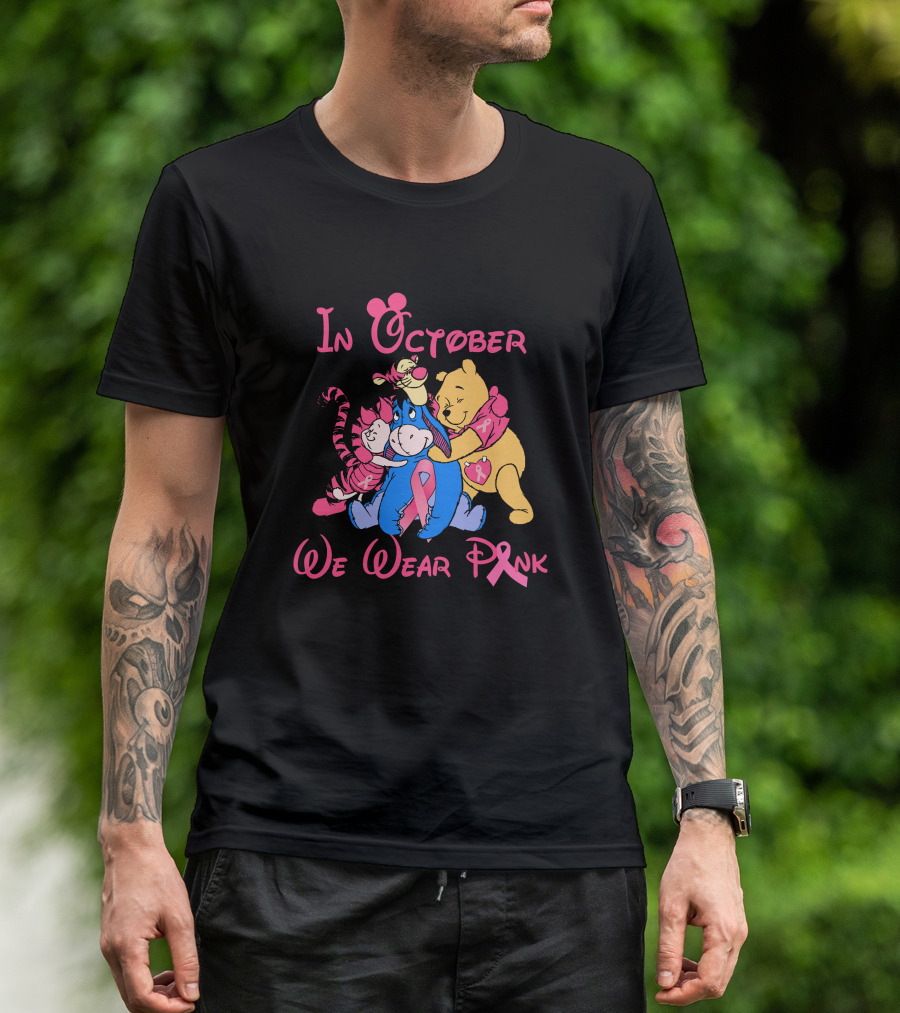 In October We Wear Pink Breast Cancer Awareness Characters T-Shirt