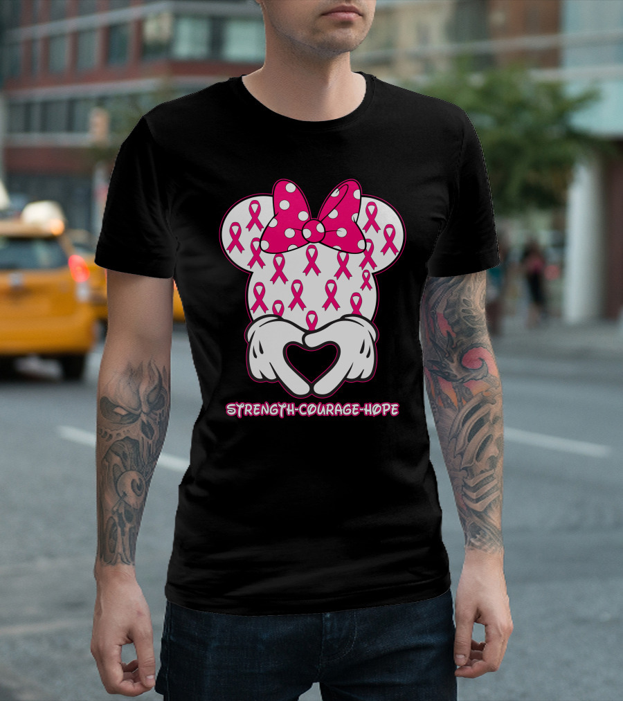 Strength Courage Hope Pink Ribbon Minnie Ears Hands Heart T-Shirt