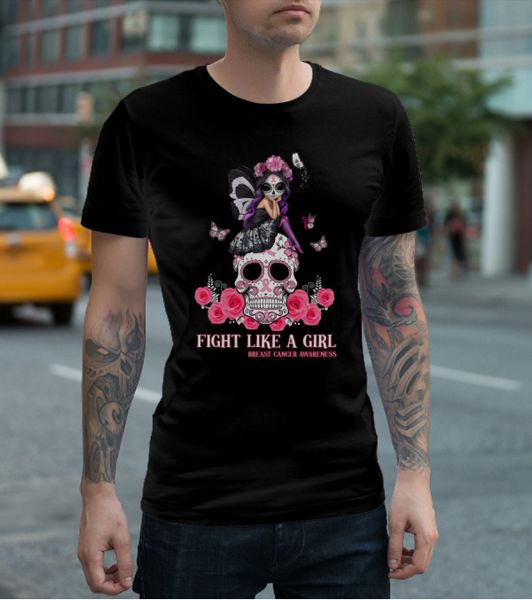 Fight Like A Girl Breast Cancer Awareness Butterfly Skull Roses T-Shirt