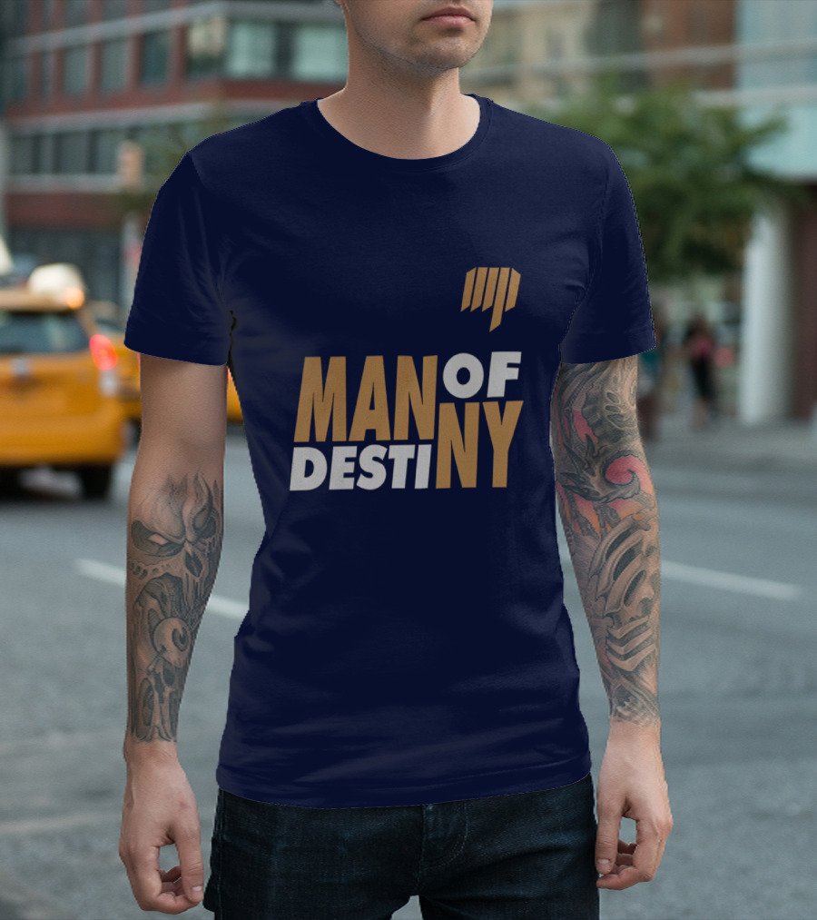 Man Of Destiny Blue And Gold Text With Vertical Stripe T-Shirt