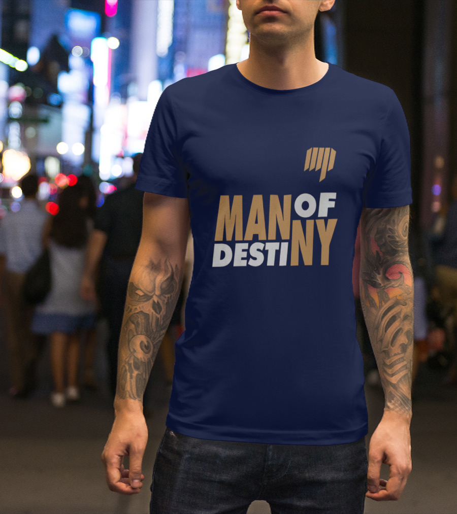 Man Of Destiny Blue And Gold Text With Vertical Stripe T-Shirt