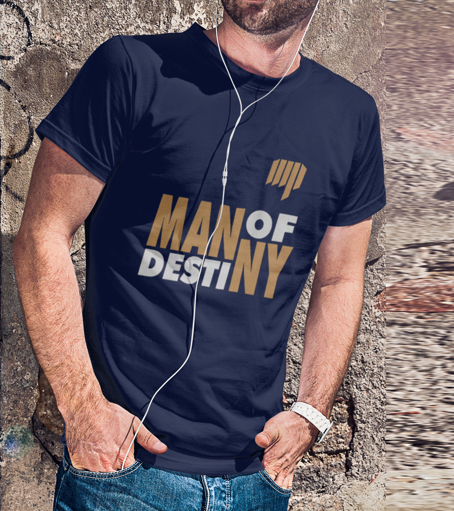 Man Of Destiny Blue And Gold Text With Vertical Stripe T-Shirt