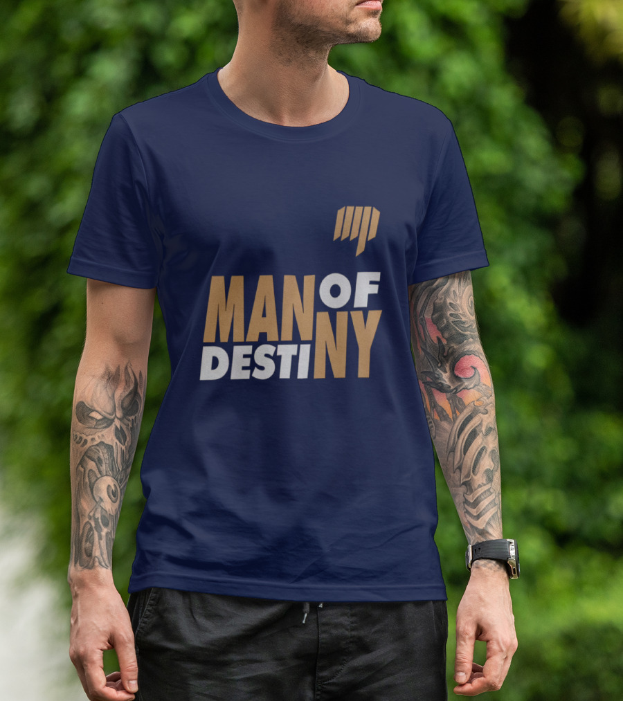Man Of Destiny Blue And Gold Text With Vertical Stripe T-Shirt