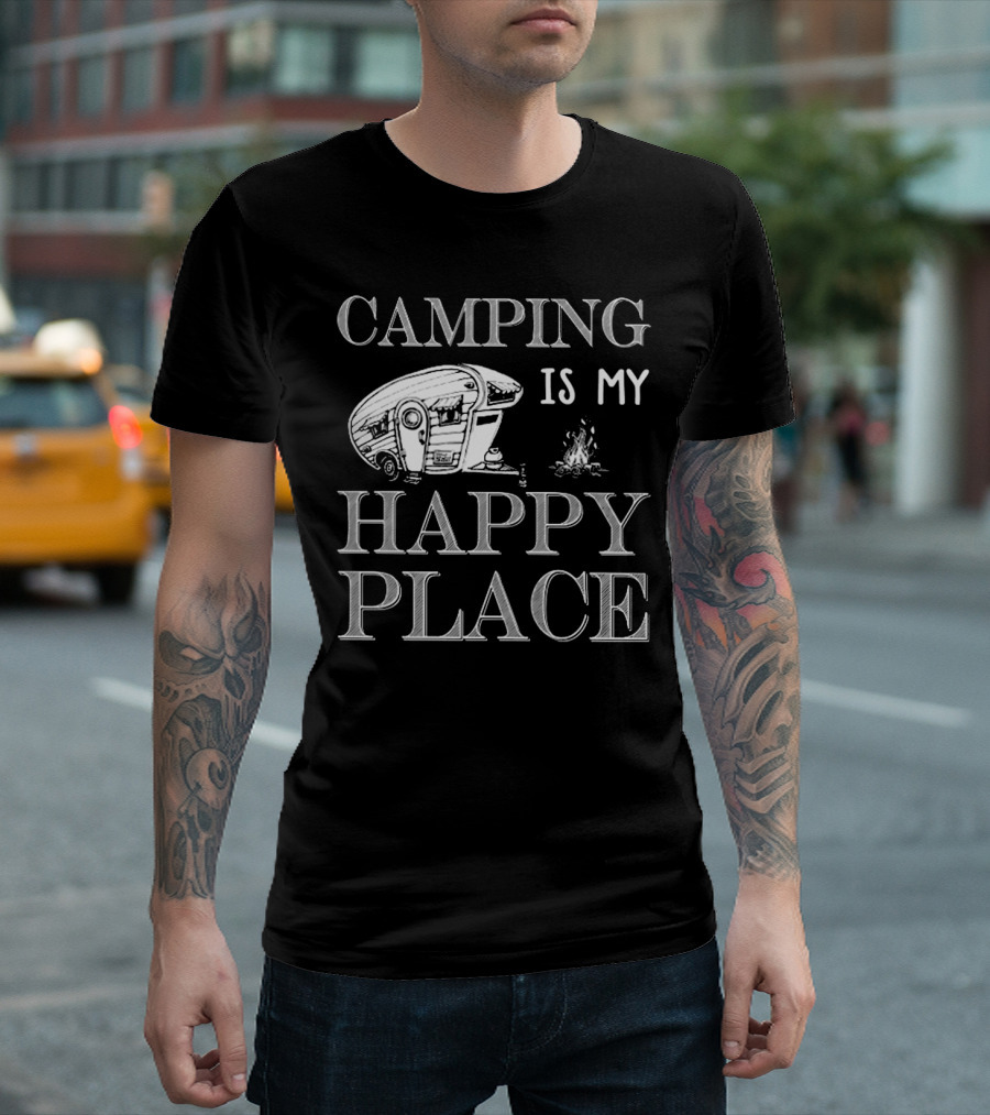 Camping Is My Happy Place With RV And Campfire Scene T-Shirt