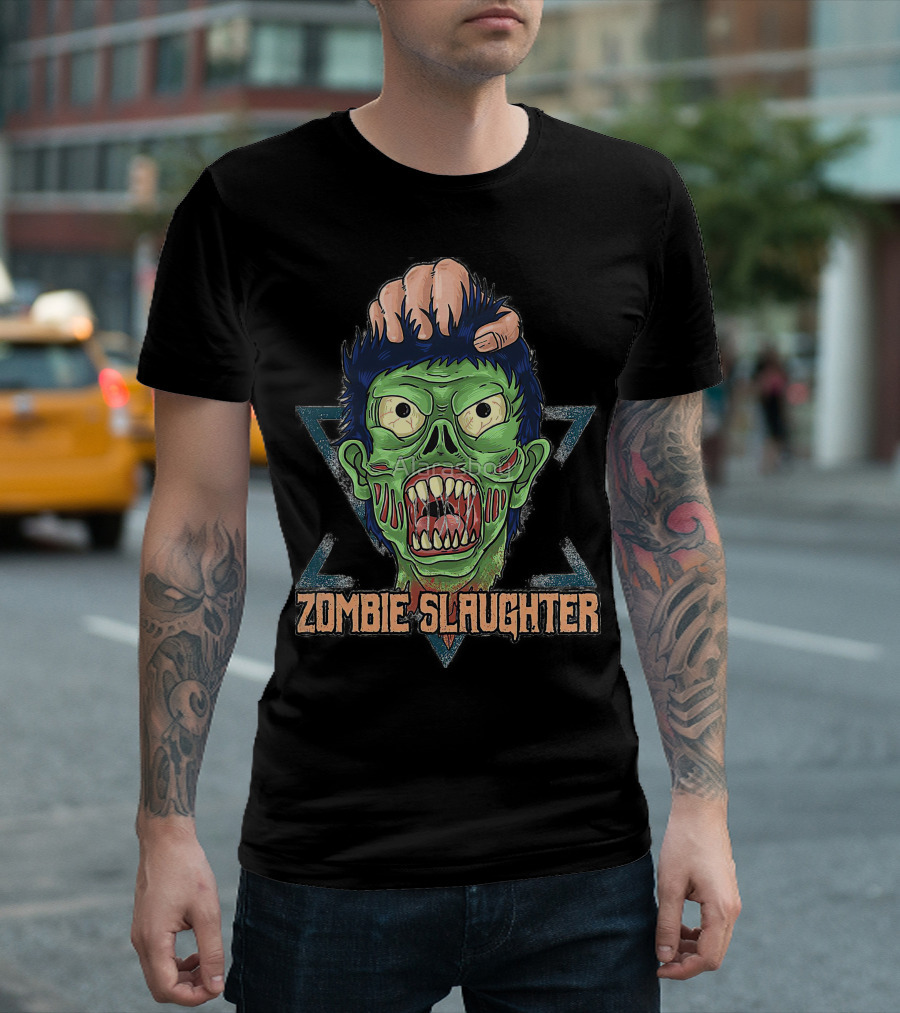 ZOMBIE SLAUGHTER Gruesome Green Undead Face in Hand Triangular Frame T-Shirt