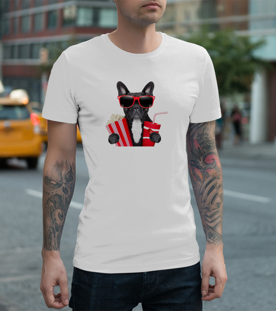 Pug with Popcorn and Soda Wearing Red Sunglasses T-Shirt