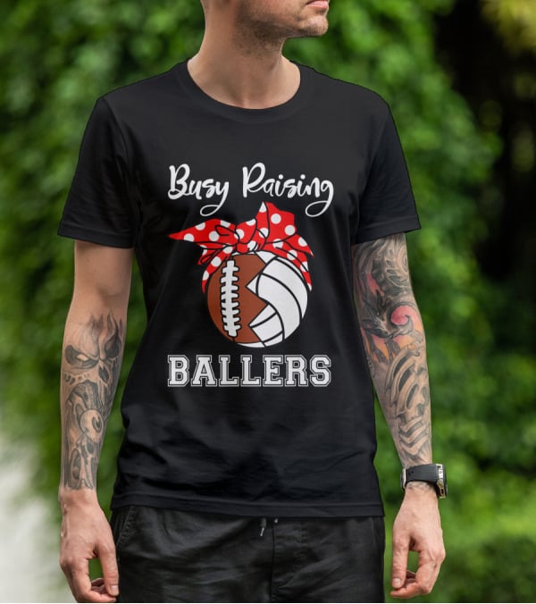 Busy Raising Ballers Football Volleyball Funny Polka Dot Bow T-Shirt