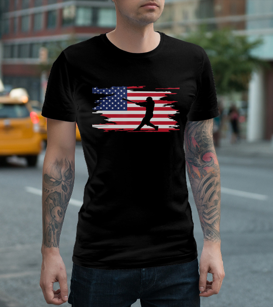American Flag Baseball Player Silhouette Patriotic Sports T-Shirt