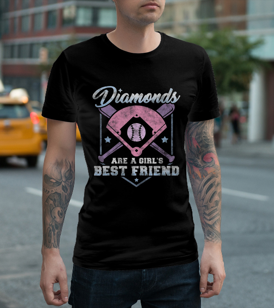 Diamonds Are A Girl's Best Friend Baseball Crossed Bats And Field T-Shirt