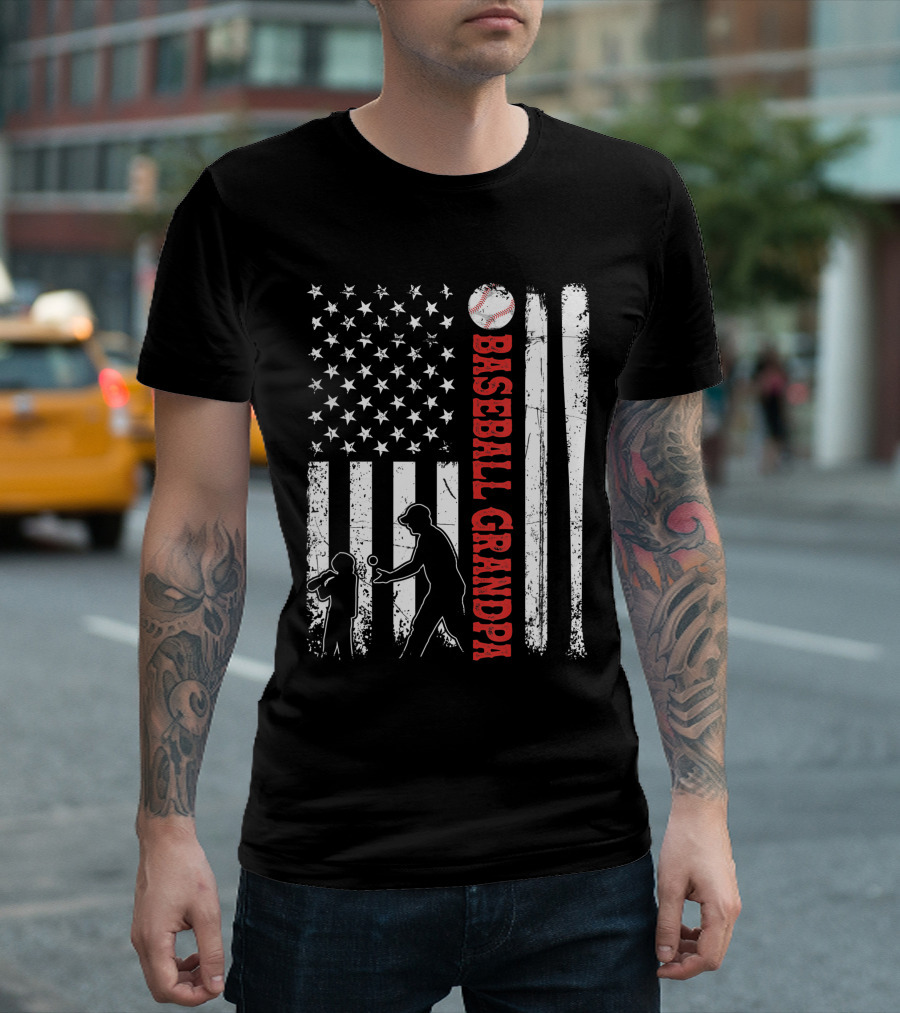 Distressed USA American Flag Baseball Grandpa Silhouette with Bats and Ball T-Shirt