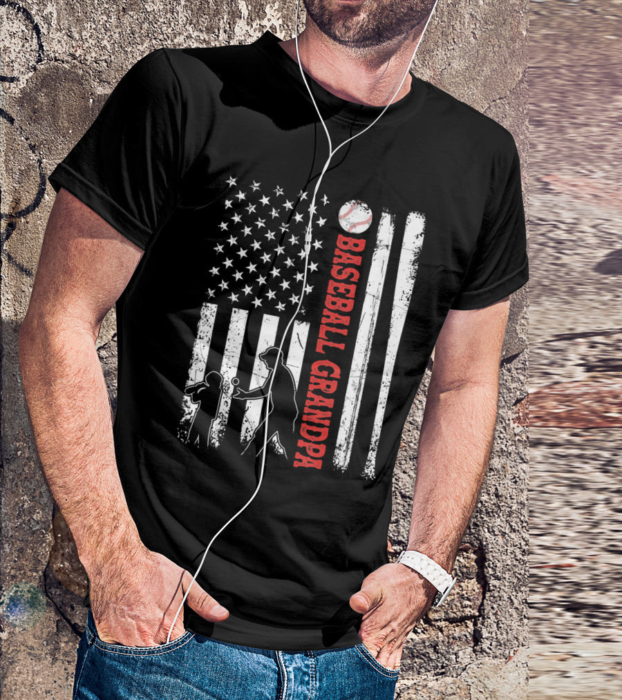 Distressed USA American Flag Baseball Grandpa Silhouette With Bats And Ball T-Shirt
