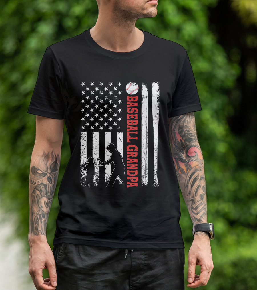 Distressed USA American Flag Baseball Grandpa Silhouette With Bats And Ball T-Shirt