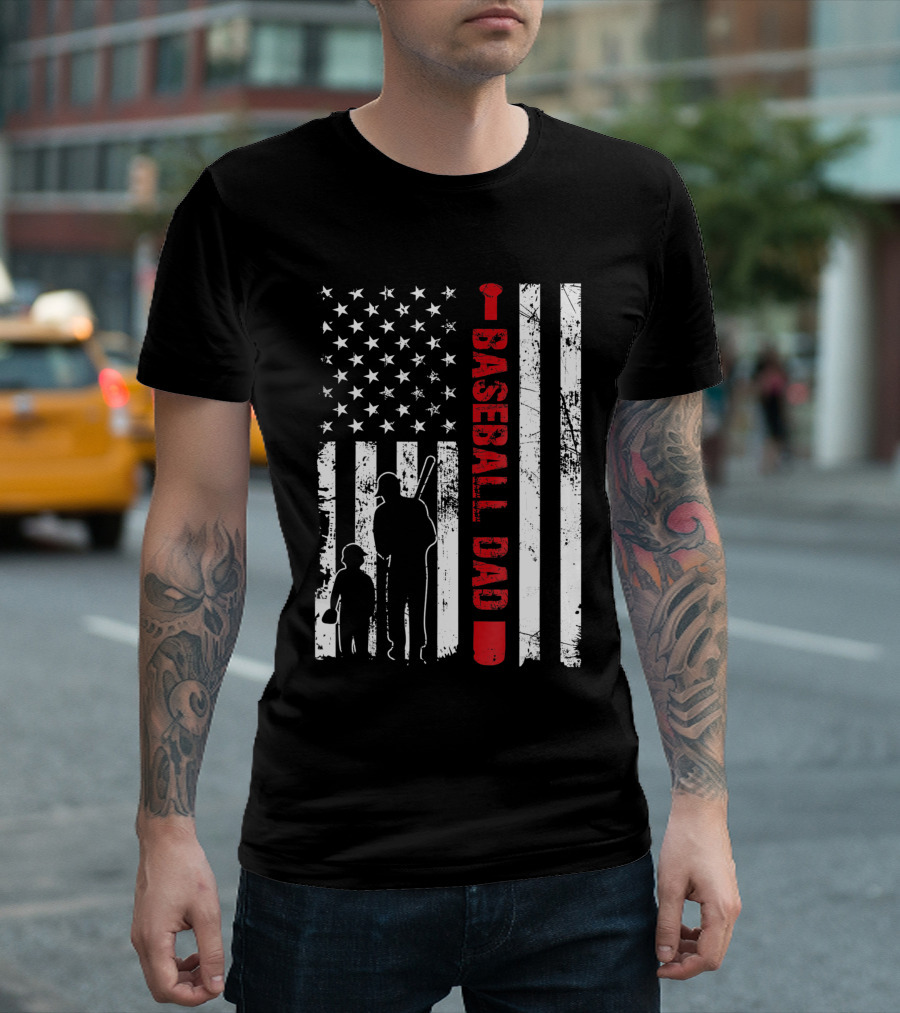 Proud Baseball Dad American Flag Sports T-Shirt