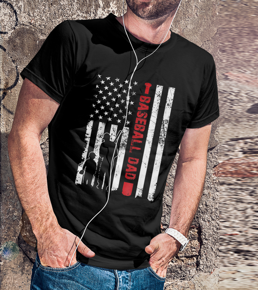 Proud Baseball Dad American Flag Sports T-Shirt