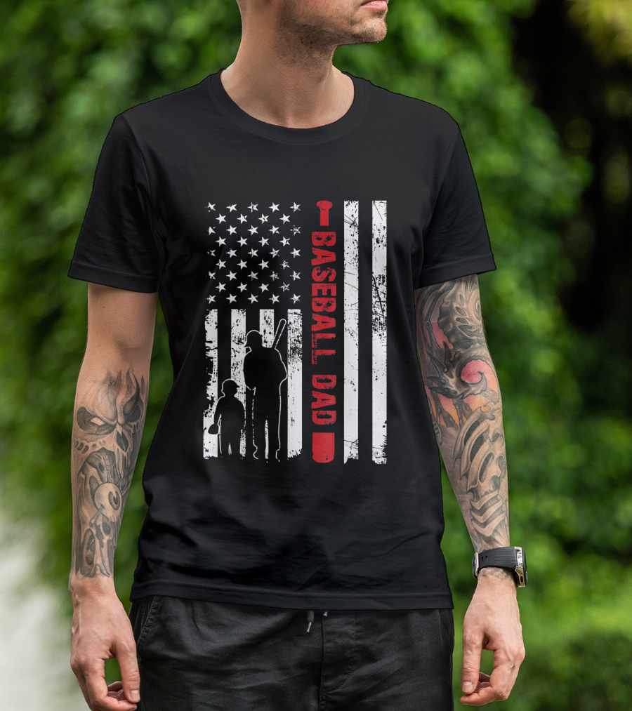 Proud Baseball Dad American Flag Sports T-Shirt