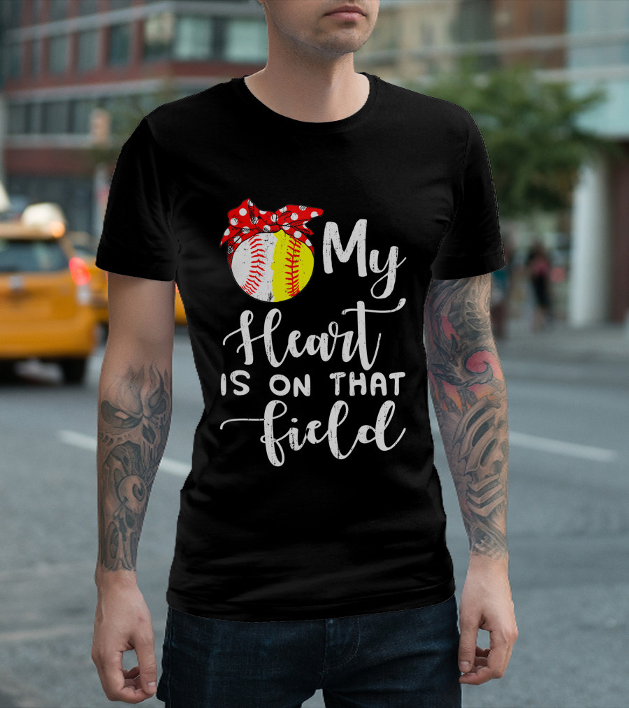 My Heart is on That Field Baseball Softball Red Polka Dot Bow T-Shirt