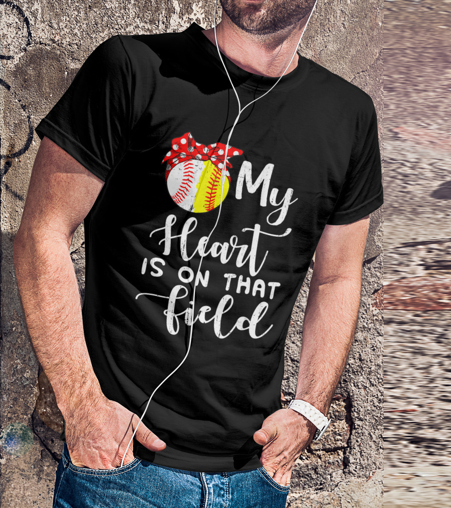 My Heart Is On That Field Baseball Softball Red Polka Dot Bow T-Shirt