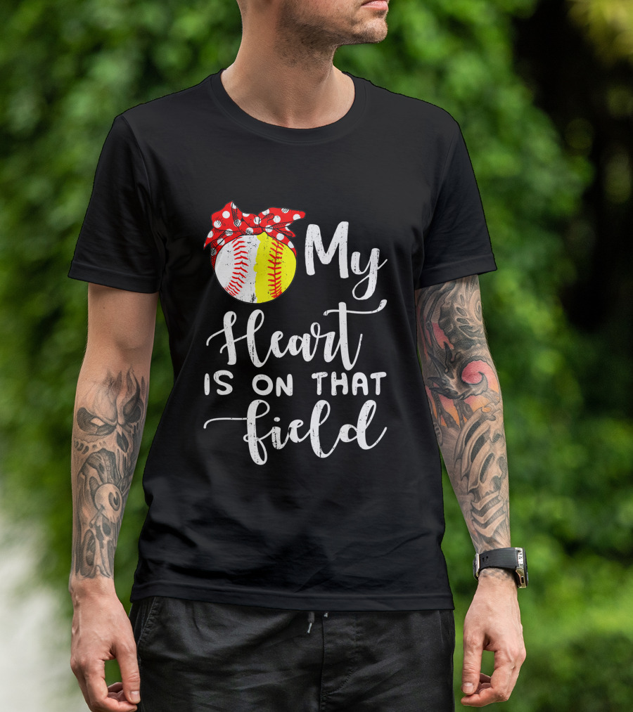 My Heart Is On That Field Baseball Softball Red Polka Dot Bow T-Shirt
