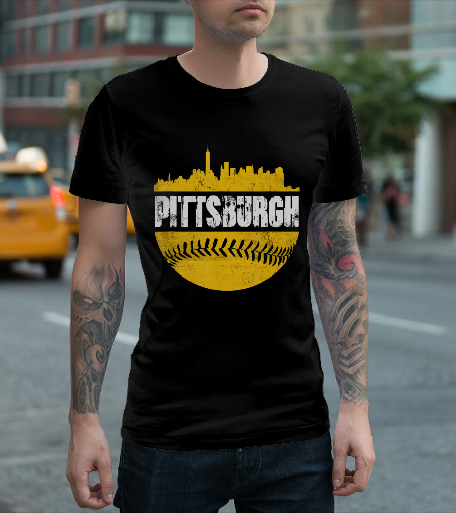 Pittsburgh Baseball Cityscape Distressed Look with Baseball Stitching T-Shirt
