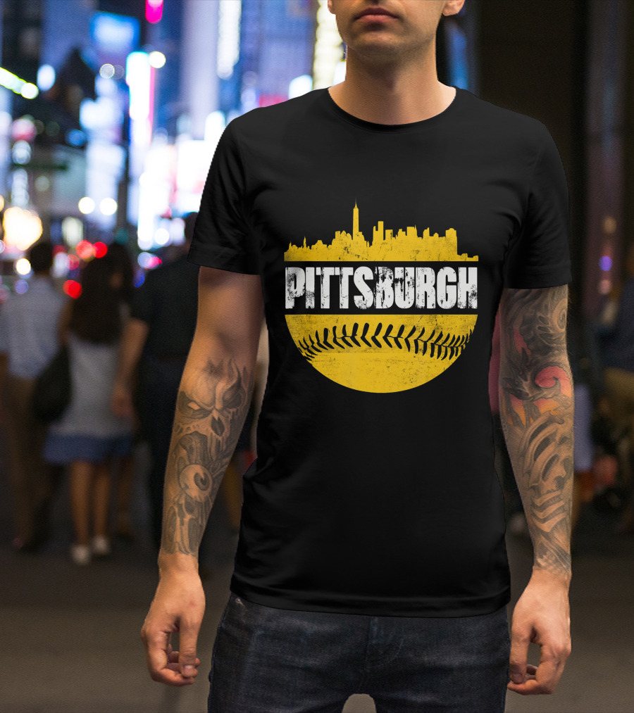Pittsburgh Baseball Cityscape Distressed Look With Baseball Stitching T-Shirt