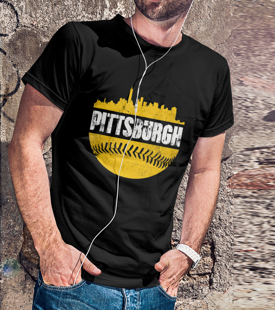 Pittsburgh Baseball Cityscape Distressed Look With Baseball Stitching T-Shirt