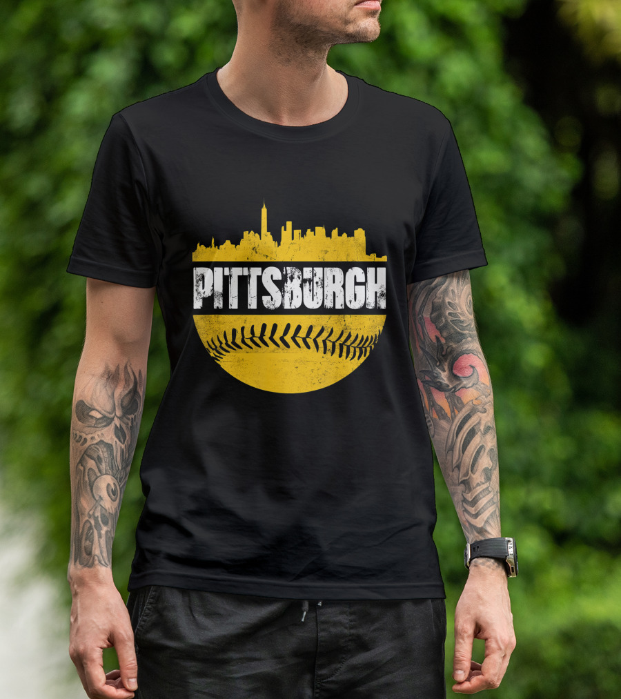 Pittsburgh Baseball Cityscape Distressed Look With Baseball Stitching T-Shirt
