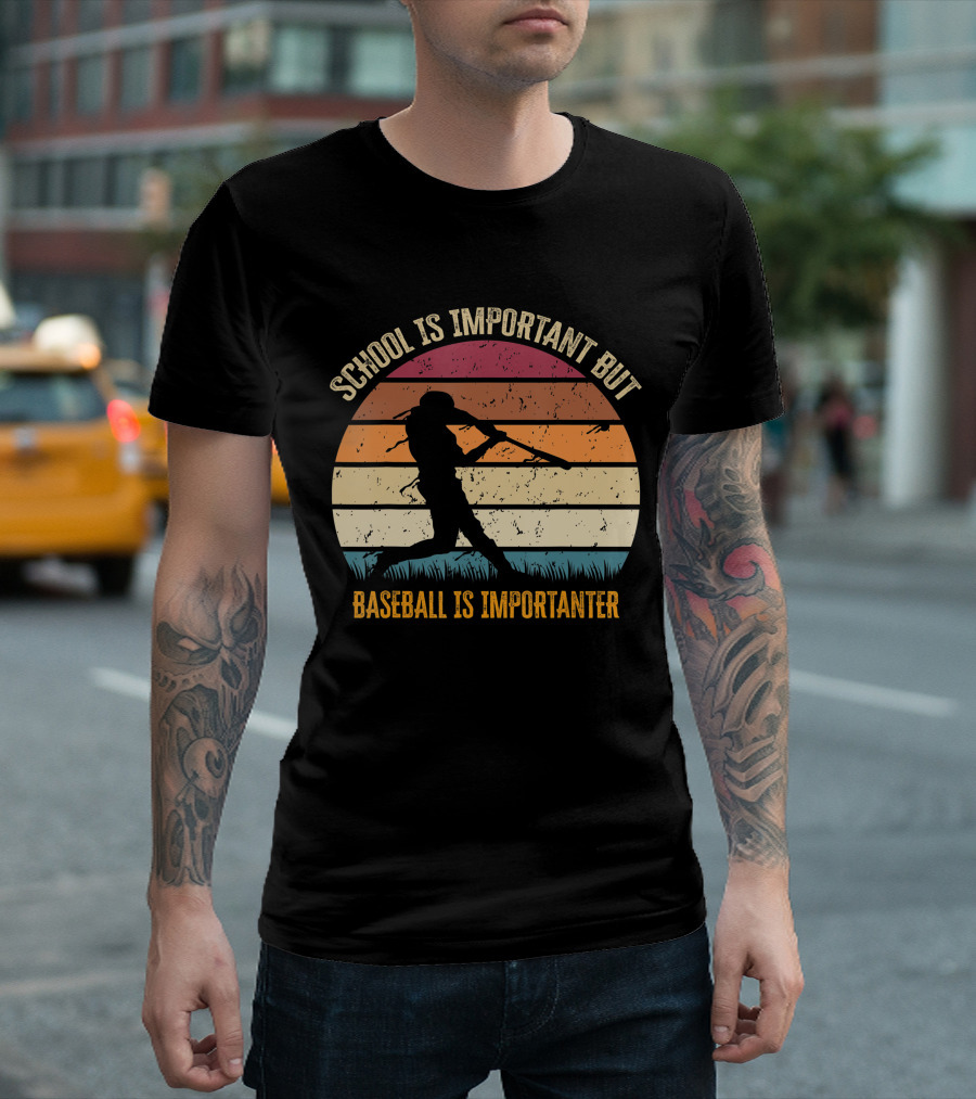 School Is Important But Baseball Is Importanter Retro Sunset Baseball Player T-Shirt