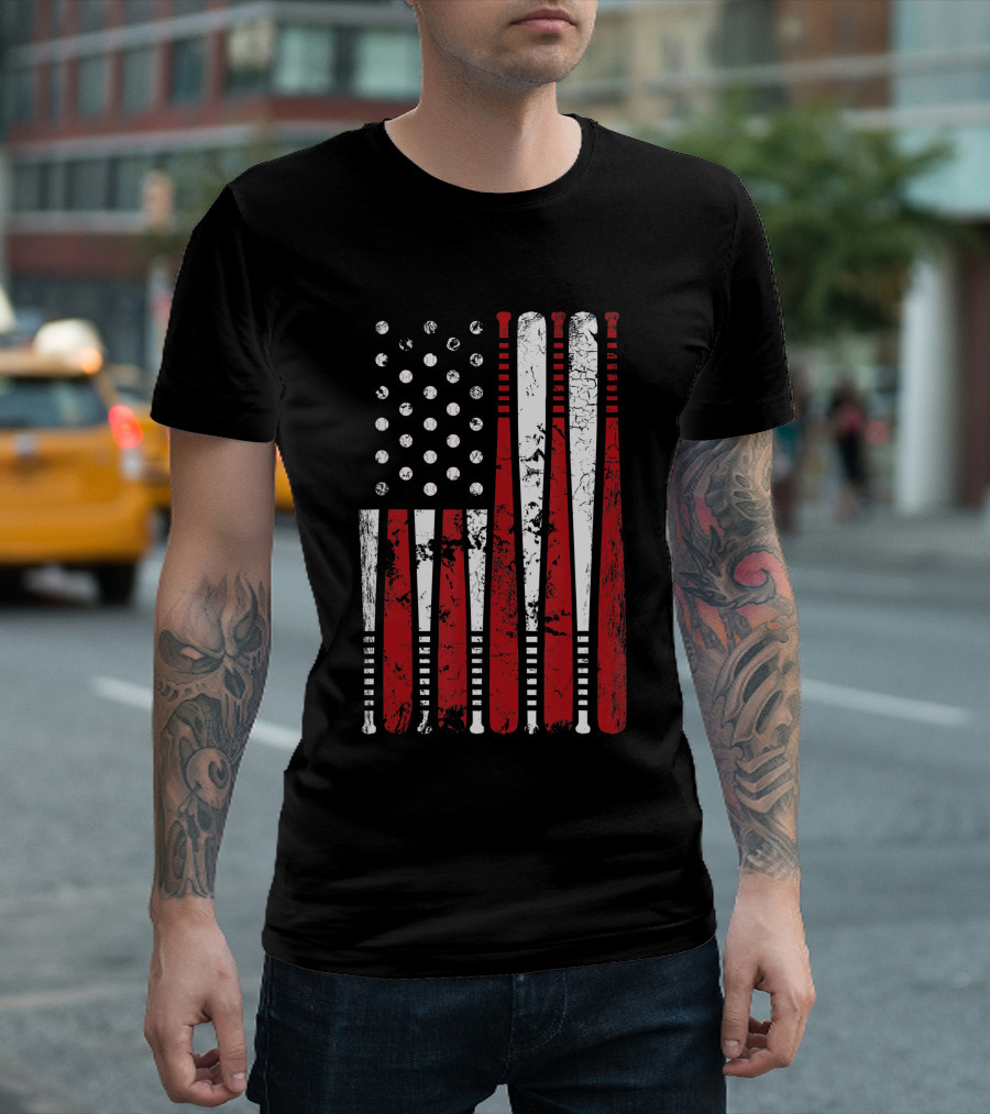 Vintage American Baseball Bat USA Flag T-Shirt