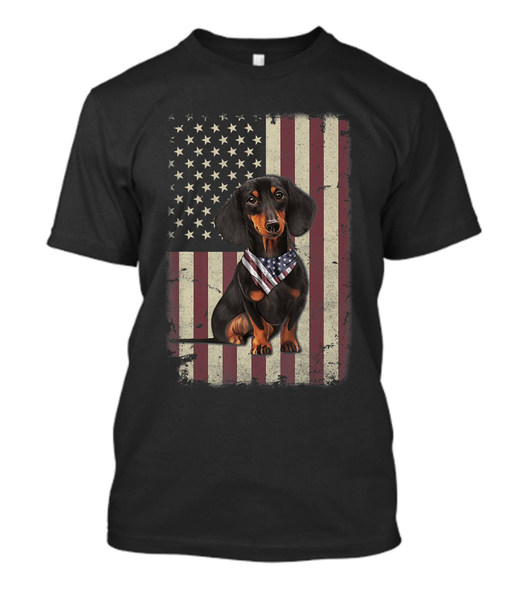 Dachshund With American Flag Bandana Celebrating 4th Of July On Vintage Flag Background T-Shirt