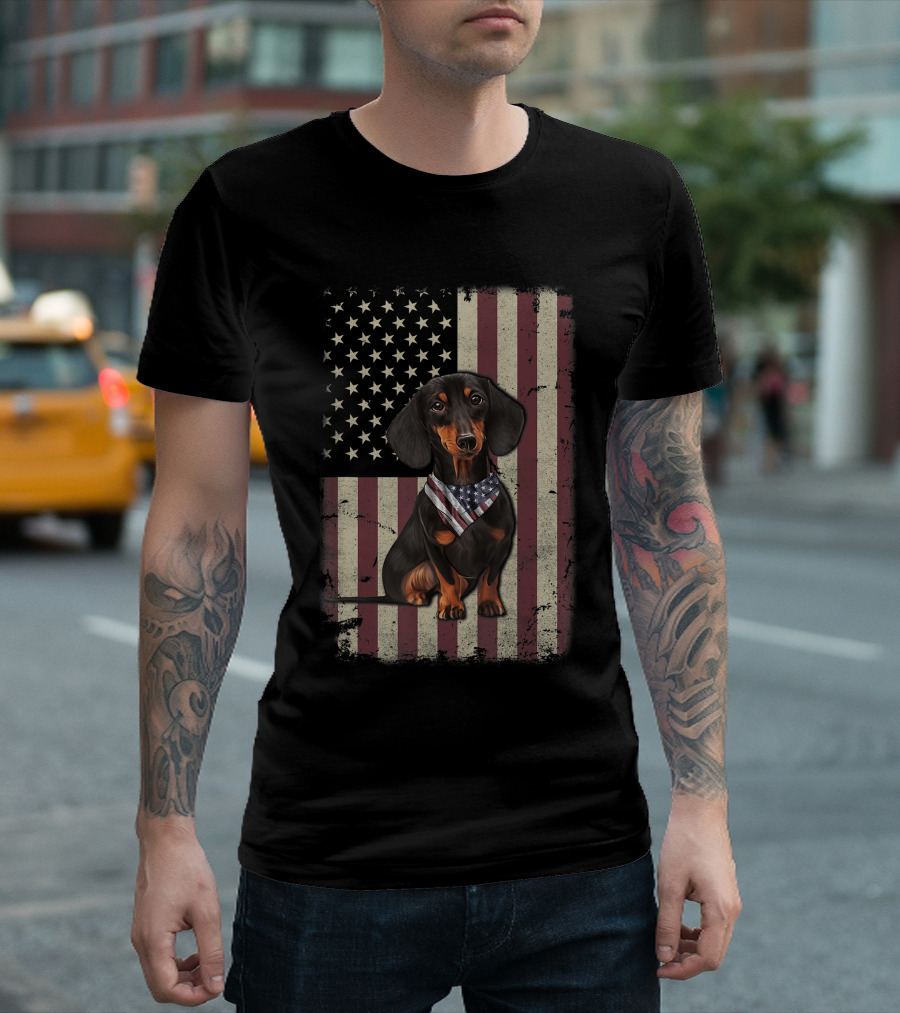Dachshund With American Flag Bandana Celebrating 4th Of July On Vintage Flag Background T-Shirt