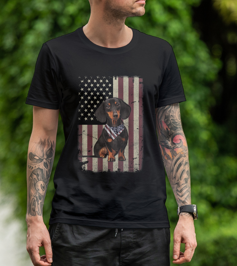 Dachshund With American Flag Bandana Celebrating 4th Of July On Vintage Flag Background T-Shirt