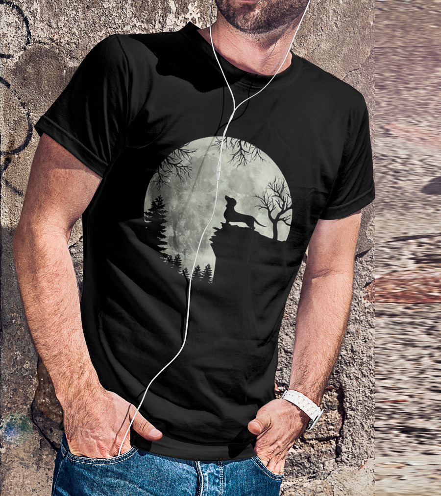 Dachshund Silhouette Howling At Full Moon In Forest Night Scene T-Shirt