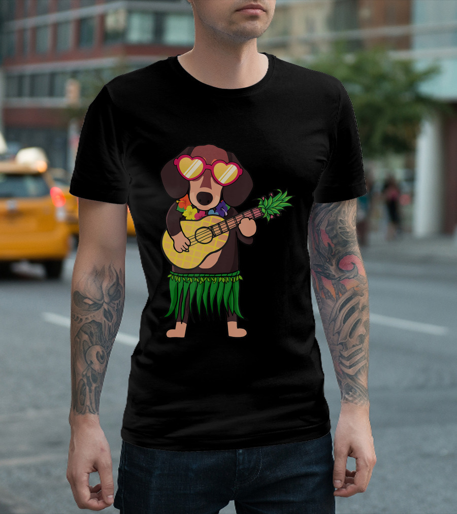Dachshund Hawaiian Ukulele Player in Summer Costume with Sunglasses T-Shirt