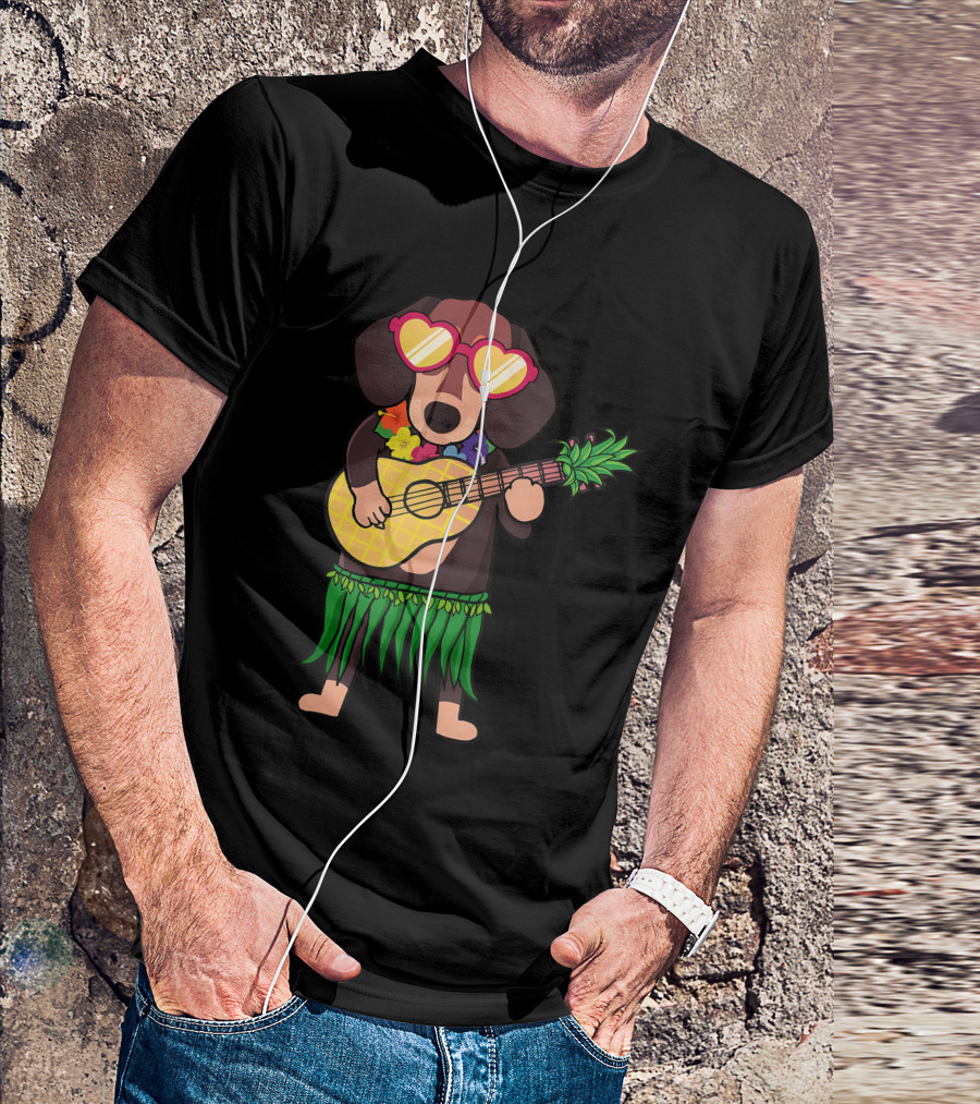 Dachshund Hawaiian Ukulele Player In Summer Costume With Sunglasses T-Shirt