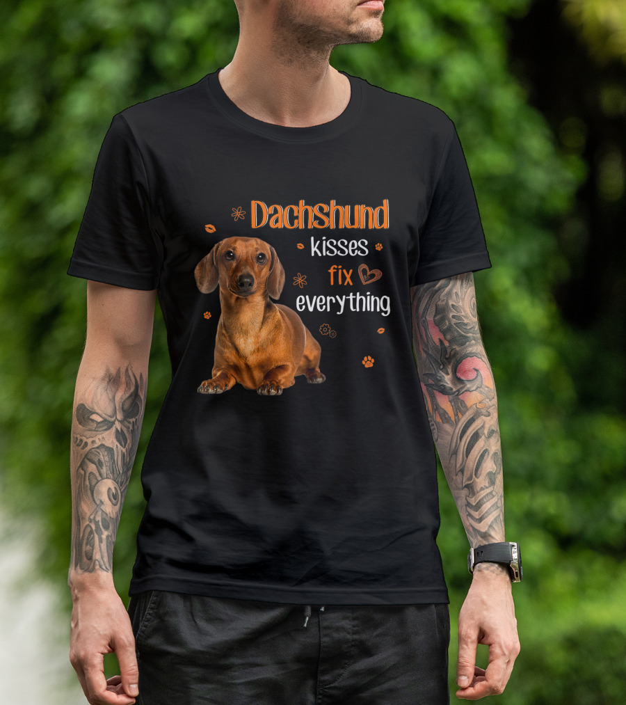 Dachshund Kisses Fix Everything Dachshund Lover Orange Paw Prints T-Shirt