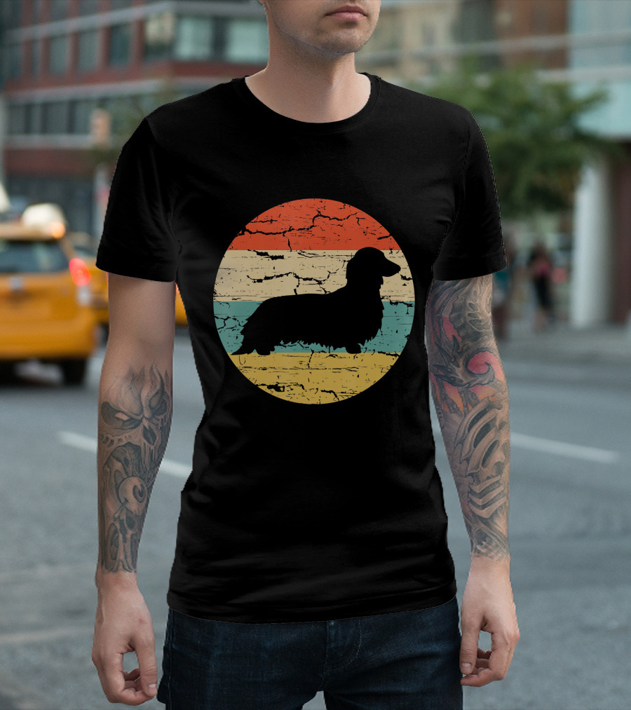 Dachshund Long Haired Dog Vintage Retro Stripes T-Shirt
