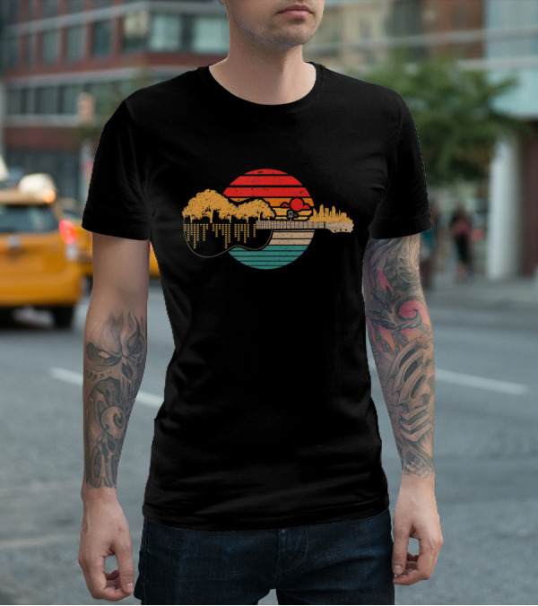 Disc Golf Flying Disc Sunset Guitar Landscape City Skyline T-Shirt
