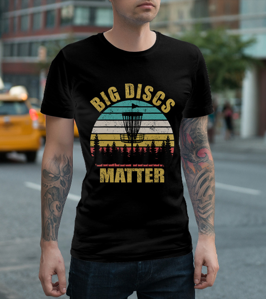 Big Discs Matter Funny Frisbee Golf Retro Sunforest Striped T-Shirt