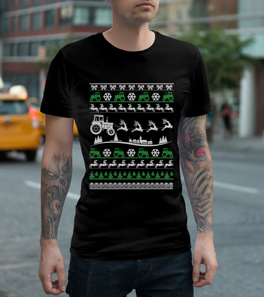 Funny Christmas Farmer Tractor Reindeer Snowflakes Trees T-Shirt
