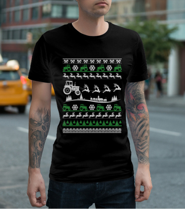 Funny Christmas Farmer Tractor Reindeer Snowflakes Trees T-Shirt