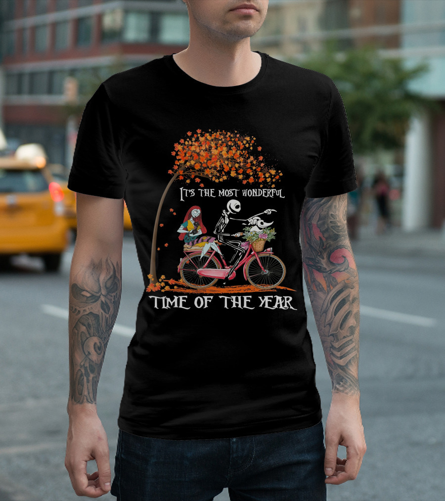 It's the Most Wonderful Time of the Year Jack and Sally Bike Autumn Leaves T-Shirt