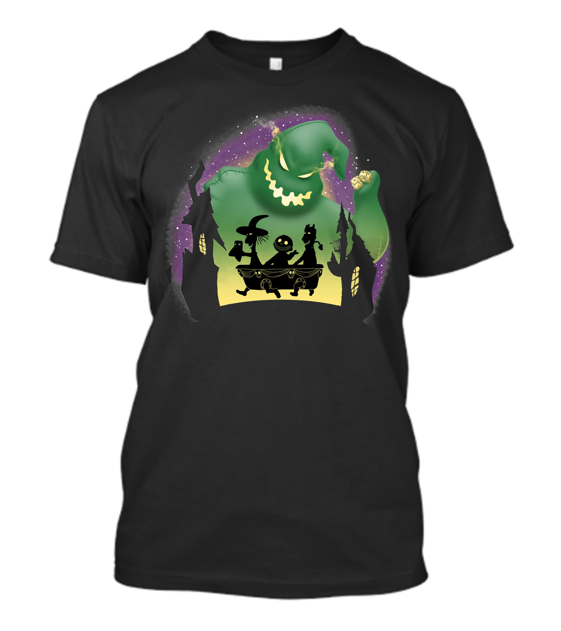 Boogie Lock Shock And Barrel Silhouette Against Green Monster And Haunted House Background T-Shirt