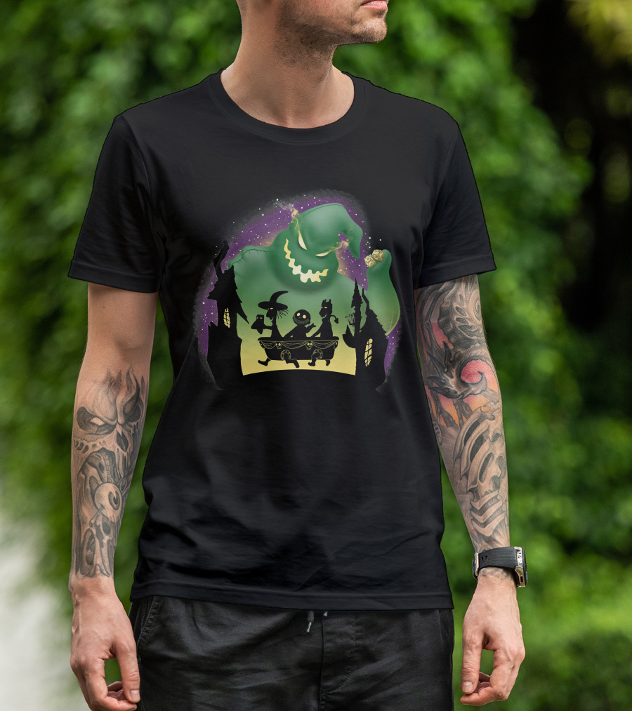 Boogie Lock Shock And Barrel Silhouette Against Green Monster And Haunted House Background T-Shirt