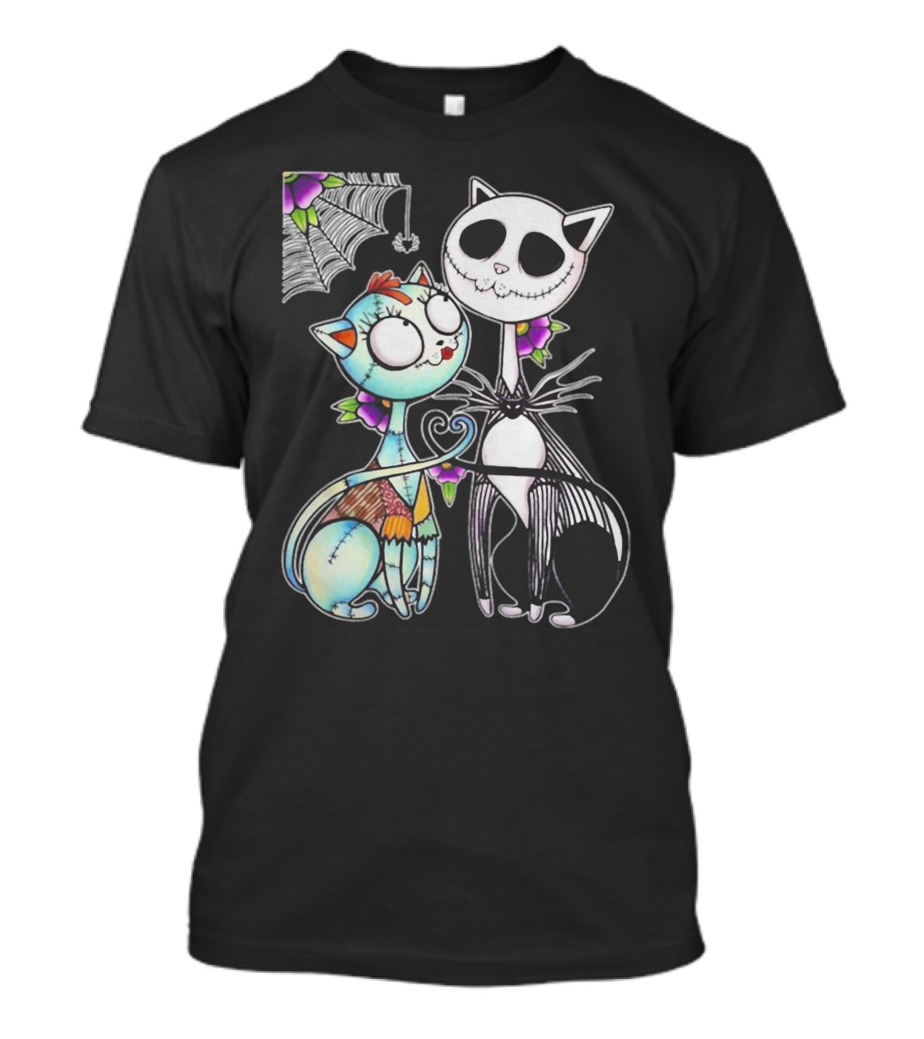 Jack Skellington Cat And Sally Cat With Heart Umbrella And Stitching Elements T-Shirt